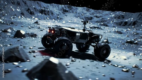Lunar rover exploring the moon landscape at night with research exploration technology. Future of space travel with lunar rover.