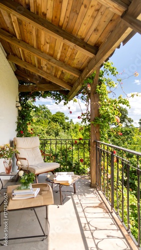 Rustic balcony overlooking a lush garden