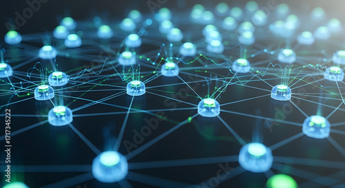 Dynamic abstract network connections with glowing nodes and data streams in a digital cyberspace