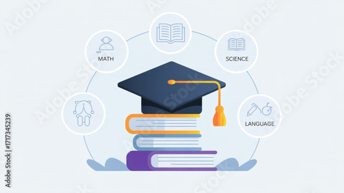 Education learning concept with graduation cap books math science language and other subjects for students