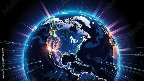 Fototapeta Naklejka Na Ścianę i Meble -  Digital earth glowing with vibrant energy and radiating light beams across a dark background