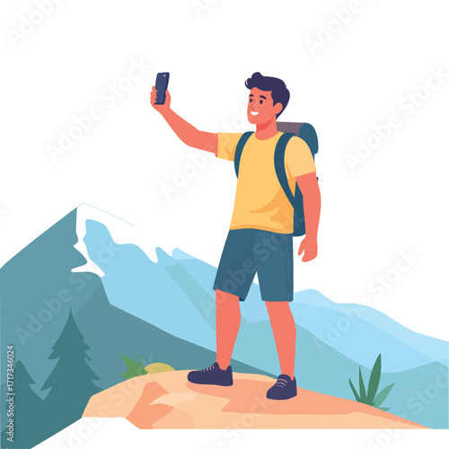 A smiling hiker takes a selfie atop a mountain, enjoying the scenic vista.
