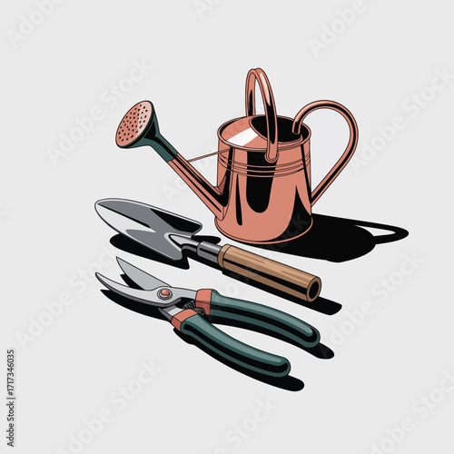 An old brown makeup tool set with a steel brush and wooden handle on a white isolated background