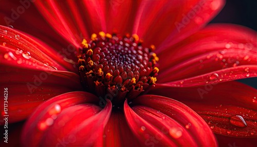 Close Up of a Red Flower with Water Droplets and a Dark Background Dramatic Light