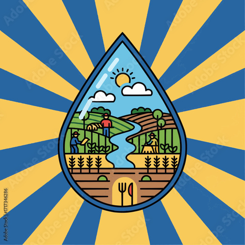 A giant water droplet containing a scene of a fertile farm with farmers harvesting crops.
