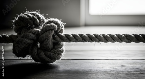 Monochrome Knot in Thick Rope on Wood Floor