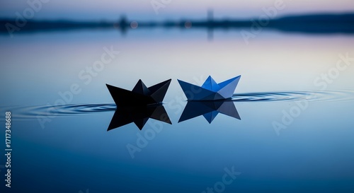 Paper Boats Floating on Calm Water at Dusk Blue and Black Origami Boats