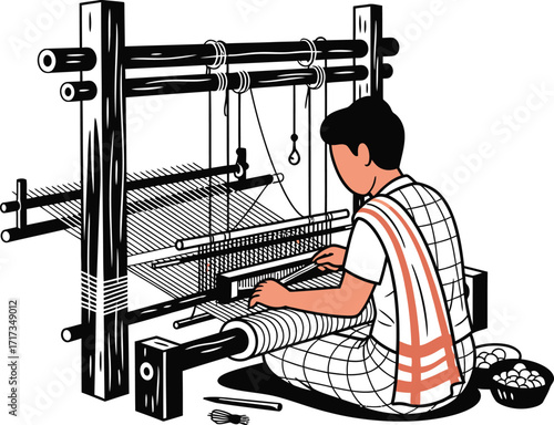 An individual is weaving fabric on a traditional loom, showcasing the craft of textile production.