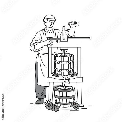 A man operates a vintage wine press, surrounded by grapes and a wooden barrel, in a detailed line drawing.