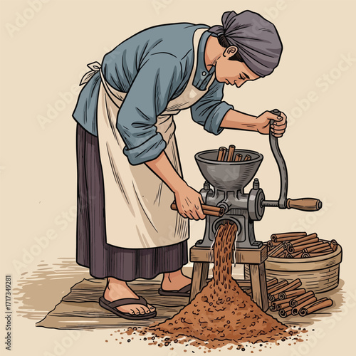 A person grinding cinnamon sticks using a vintage hand-crank grinder, surrounded by cinnamon spice.
