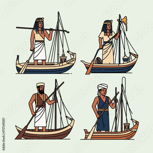Four stylized figures in ancient Egyptian boats, demonstrating navigation and travel.