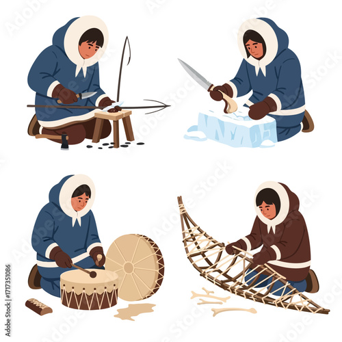 Arctic Indigenous person crafting tools, carving ice, making a drum, and constructing a snowshoe.