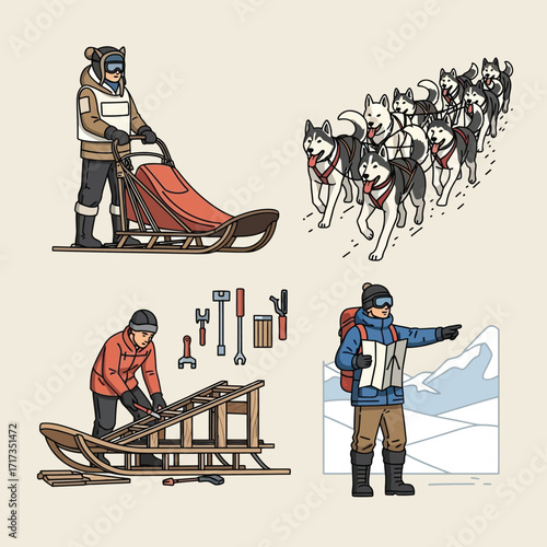 A collection of illustrations depicting sled dog racing, sled maintenance, and winter exploration.
