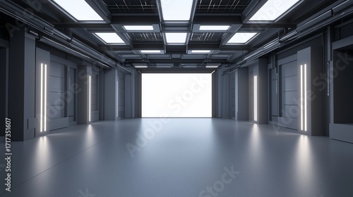 Futuristic Corridor with Illuminated Doors and Bright Open End