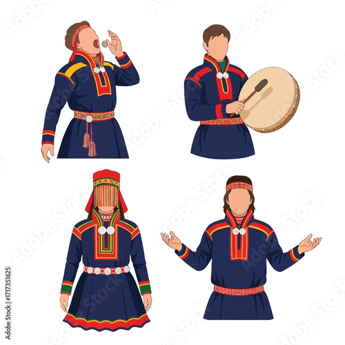 Four figures in traditional Sami clothing; one blowing a flute, one with a drum, and two with arms raised.