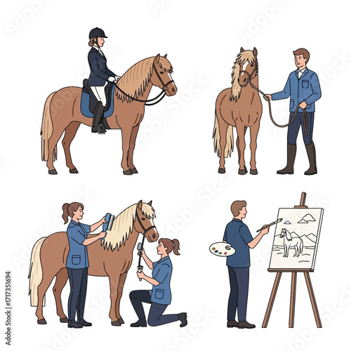 Four illustrations featuring a pony: riding, leading, grooming, and being painted by people.