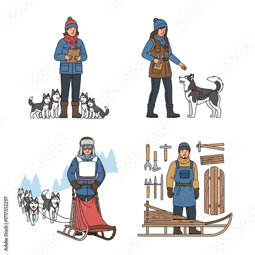 Four illustrations depict individuals involved in dog sledding: a handler with huskies, a trainer with a husky, a musher driving a sled team, and a sled builder crafting a sled.