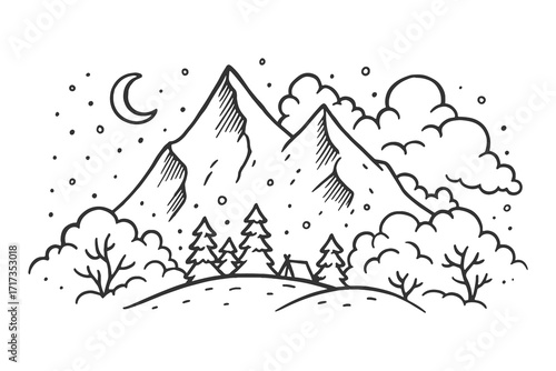 Minimalist mountain and moon illustration with pine forest line art style for outdoor adventure design.