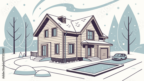 Winter house with pool and car illustration in snow scene for real estate marketing
