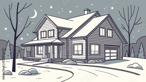 Winter home snow covered house illustration with trees and moon in grayscale art style