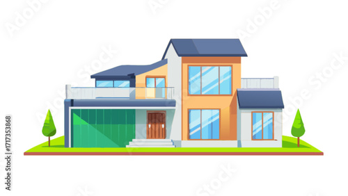 Modern house illustration for real estate and architecture design with garage and trees
