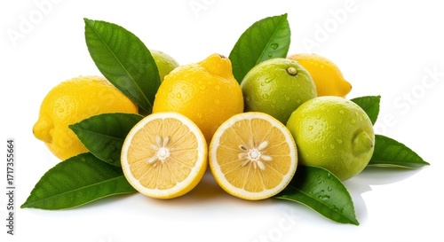 Wallpaper Mural A vibrant arrangement of fresh whole and sliced yellow lemons and green limes with green leaves and water droplets on a white background Torontodigital.ca