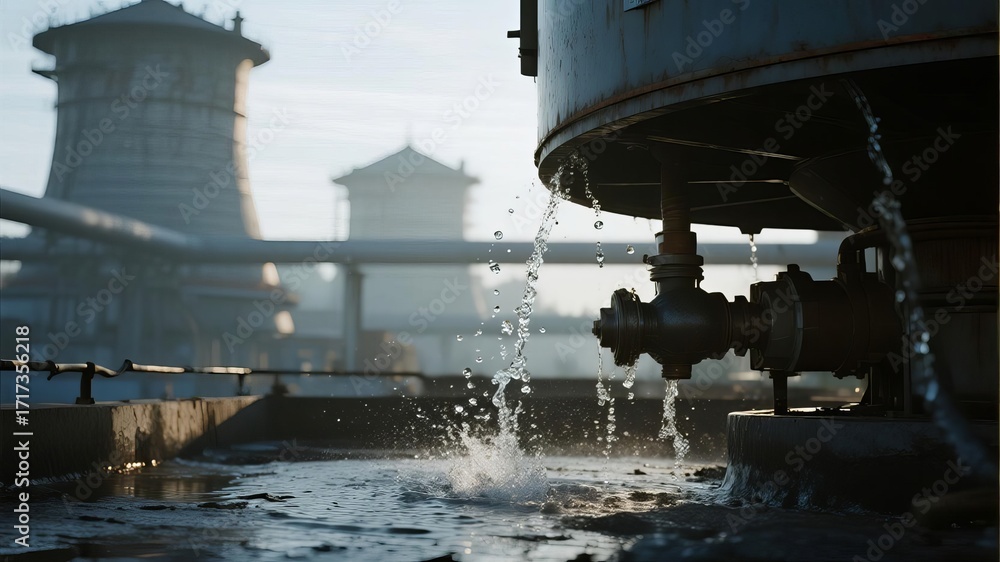 Obraz premium Close-Up of Water Droplet Falling from Cooling Tower, Symbolizing Legionnaires' Disease Risk in Industrial Water Systems, Environmental Health and Safety Concept