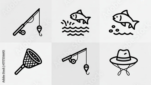 Fishing equipment icons vector set: rod, fish, net, hat, tackle, catch, angling, sport, hobby, recreation
