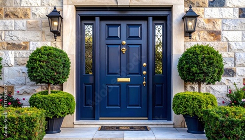 Elegant house entrance with navy blue six-panel door brass mail slot and knocker wrought iron side windows black urn planters and stone brick facade for classic architectural and lifestyle visuals