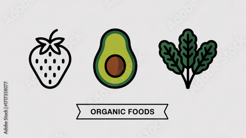Healthy eating organic food vector illustration with strawberry avocado and spinach design for nutrition 100