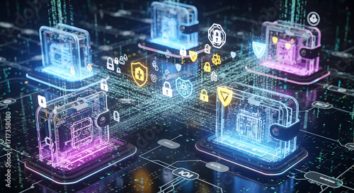 Secure digital wallets glowing with vibrant neon data streams protecting global finance and technology