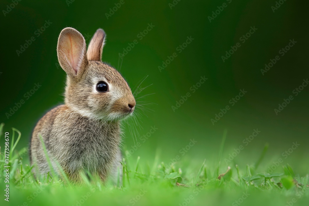 Fototapeta premium A curious brown rabbit sits alertly in a field of lush green grass