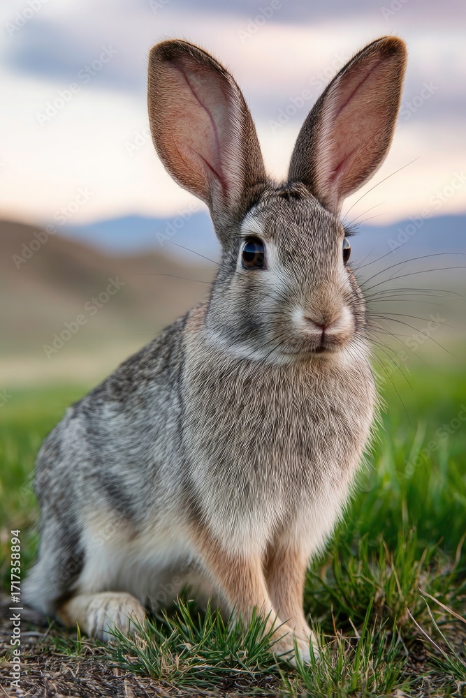 Fototapeta premium A wild jackrabbit sits amongst green grass in a natural setting