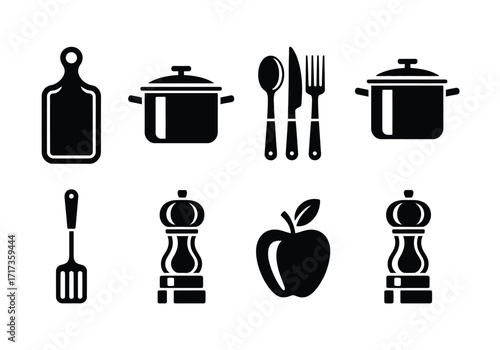 Collection of Black and White Kitchen Utensil and Food Icons