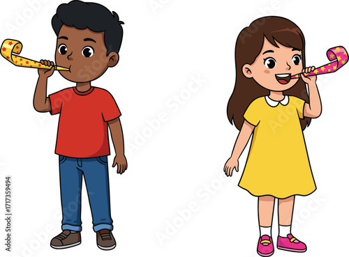 Cheerful children blowing colorful party horns, happy boy and girl celebrating festive occasion together, fun cartoon kids enjoying birthday celebration illustration