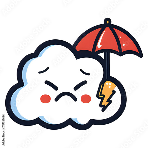 A grumpy cloud holding a little lightning bolt like an umbrella | umbrella and rain | umbrella with rain | illustration of umbrella and rain | umbrella and rain drops | cloud computing concept