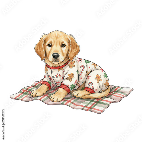 Adorable Golden Retriever Puppy in Christmas Pajamas