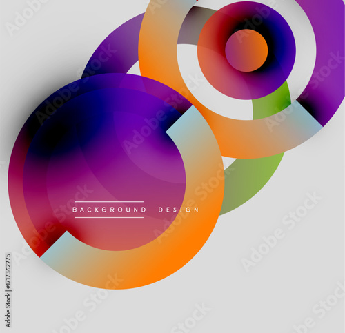 Abstract colorful circles overlap, creating dynamic visual effect. Gradient shades blend smoothly, modern design element.