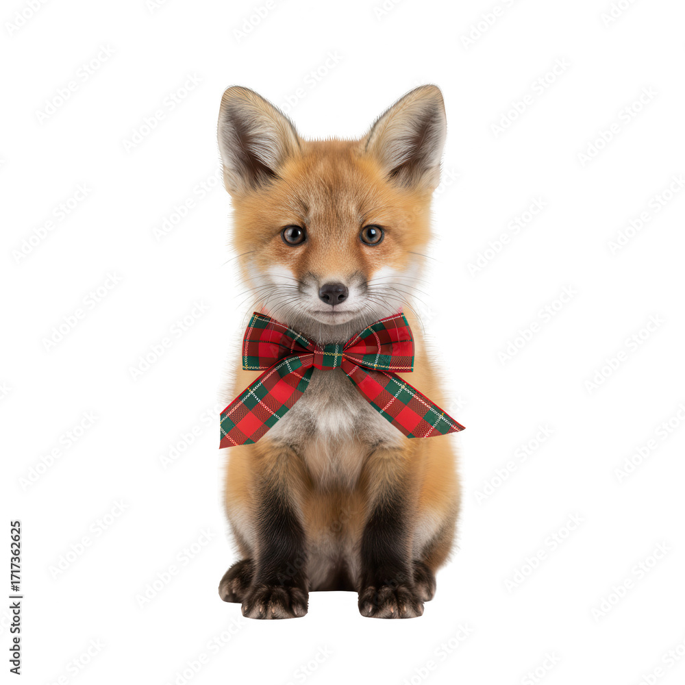 Obraz premium Cute Fox Cub with Plaid Bow Tie, Christmas Portrait on White