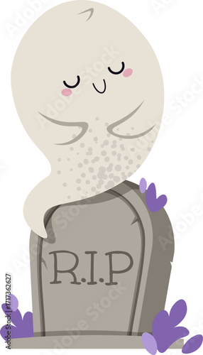 Cute Ghost Sitting on Tombstone Flat Vector Illustration Isolated on White. Halloween Character for Spooky Card Design, Party Decor, Stickers, Graveyard Themes. Playful Gothic Style. Happy Halloween