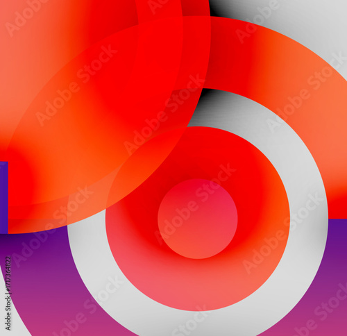 Abstract composition. Overlapping circles, vibrant reds, purples, whites create dynamic visual effect. Modern design, smooth gradients present.
