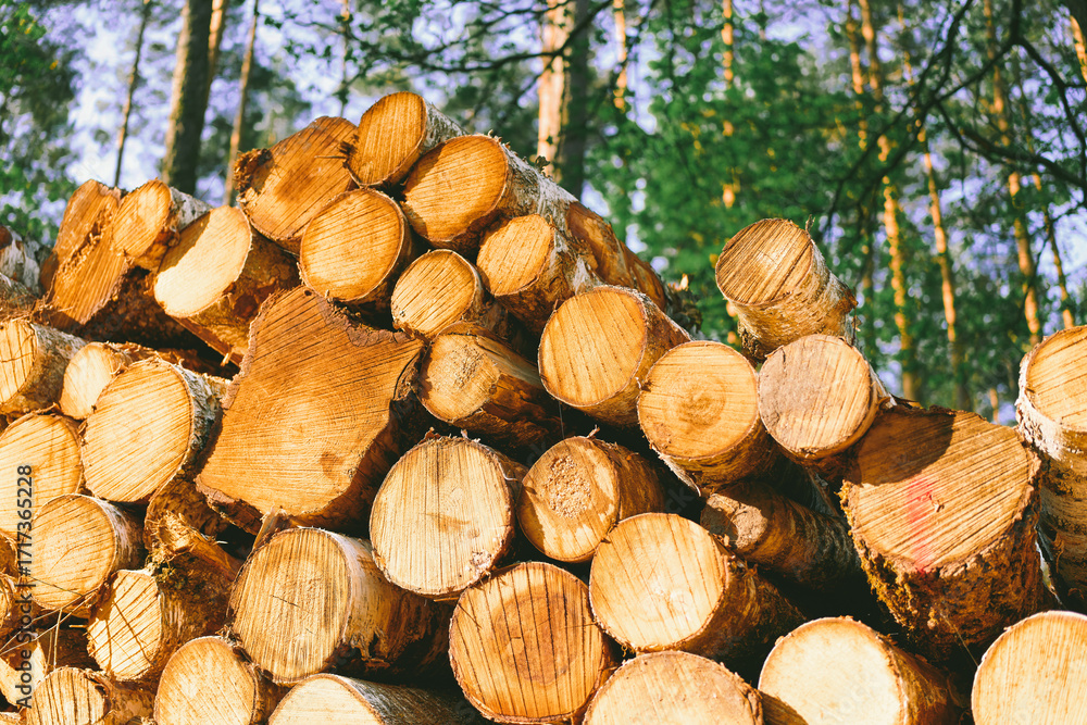 Fototapeta Woodpile of softwood trunks in daylight