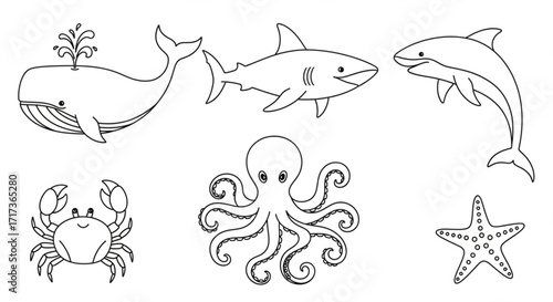 Outlined sea creatures including a whale, shark, dolphin, octopus, crab and a starfish illustration created with generated ai