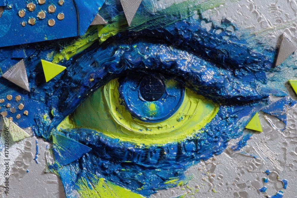 Obraz premium A vibrant eye, rendered in bold, textured strokes of blue and lime green, with metallic accents and geometric shapes.
