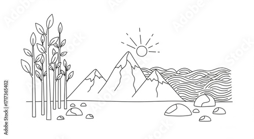 Line art of a landscape with mountains, trees, sun, and rocks in a minimalist style drawing scene created with generated ai