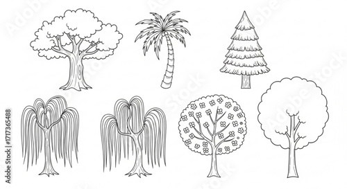 Illustration of seven different types of trees including palm willow and flowering tree in black outline created with generated ai
