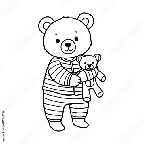 Adorable teddy bear in striped pajamas hugs a smaller bear toy, perfect for children's books, greeting cards, and cute illustrations of bedtime stories