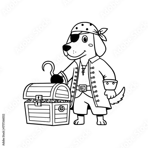 Whimsical cartoon dog dressed as a pirate with eye patch, hook, and treasure chest overflowing with gold coins ready for children's books and creative projects