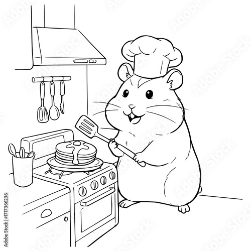 Adorable hamster chef cooks delicious pancakes in a clean kitchen, perfect for children's books and educational materials, vector illustration