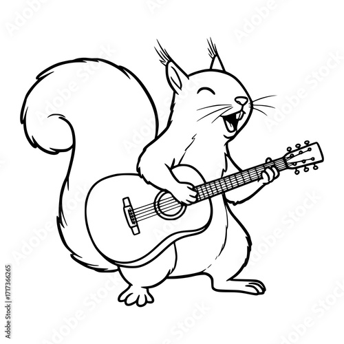 Whimsical squirrel serenading with guitar, a charming animal musician perfect for playful designs and joyful projects, radiating happiness and creativity